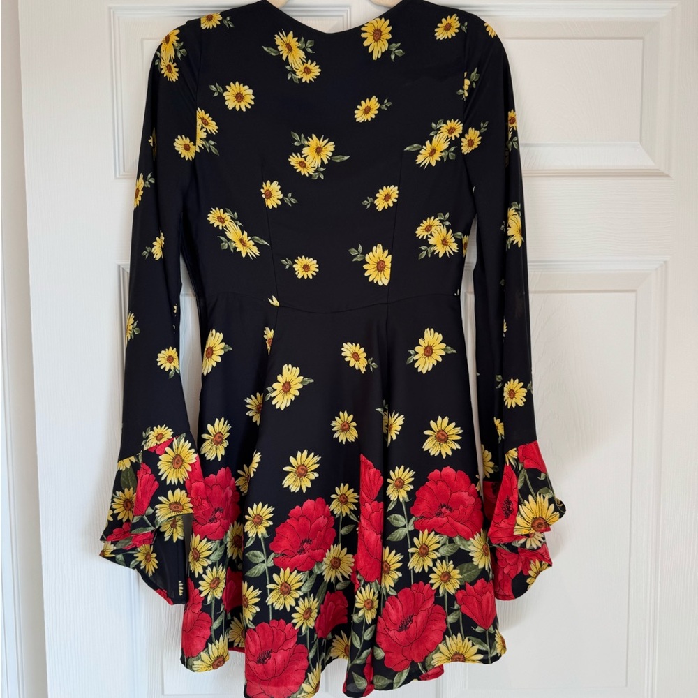 Forever 21 Black Long Sleeve Floral Wrap Dress with Red & Yellow Flowers - Picture 2 of 4